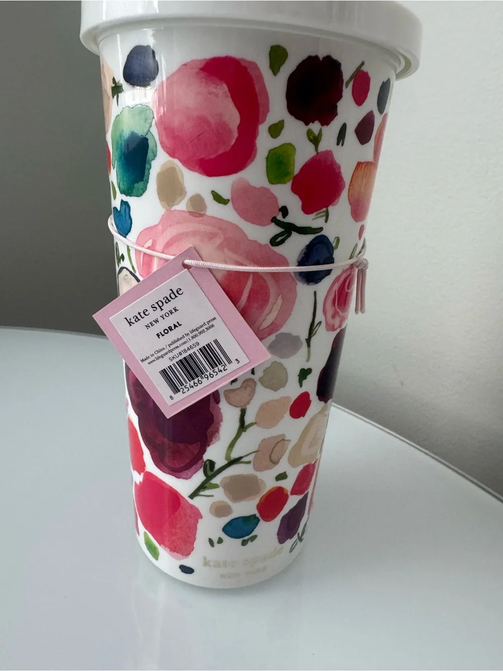 Kate Spade White & Pink Floral Insulated Tumbler Cup With Straw